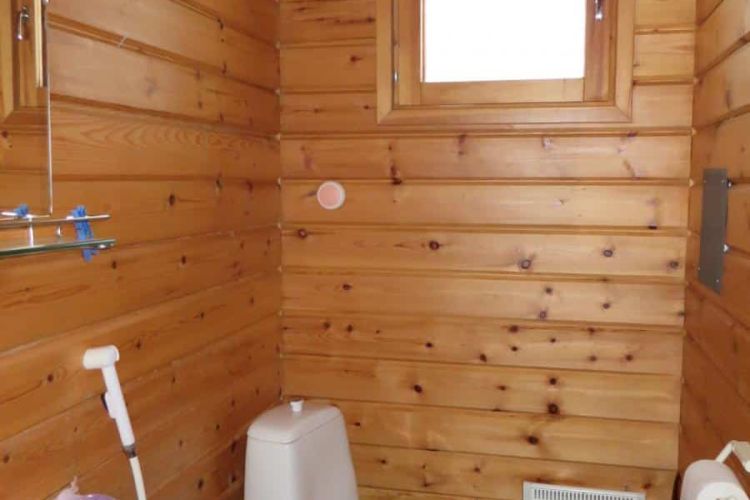 Kylpyhuone wc-pytyllä ja käsienpesualtaalla.